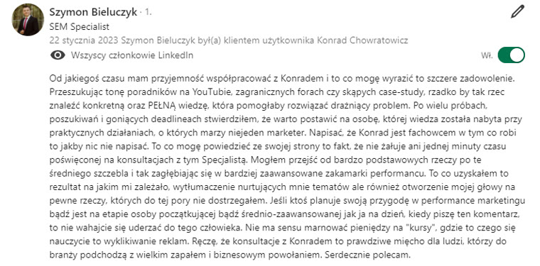 Rekomendacja LinkedIn - Szymon Bieluczyk, SEM Specialist