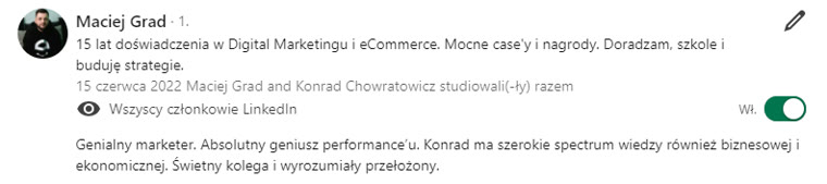 Rekomendacja LinkedIn - Maciej Grad