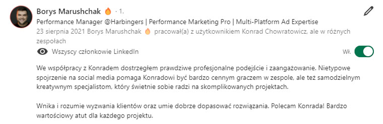 Rekomendacja LinkedIn - Borys Marushchak, Performance Manager