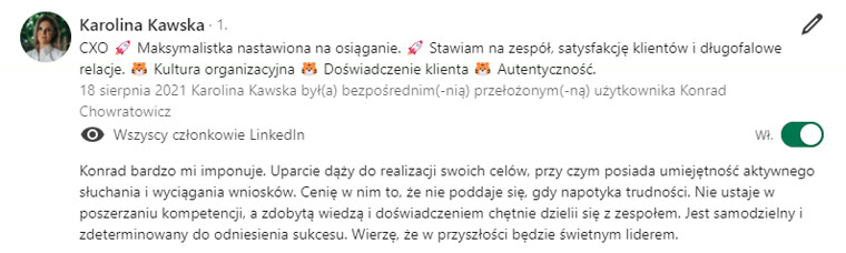 Rekomendacja LinkedIn - Karolina Kawska, CXO