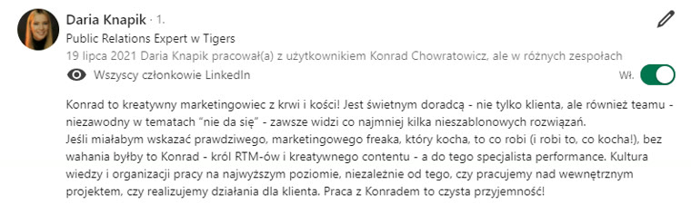 Rekomendacja LinkedIn - Daria Knapik, PR Expert