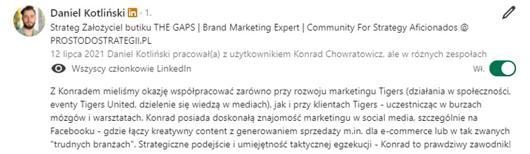 Rekomendacja LinkedIn - Daniel Kotliński, Founder THE GAPS