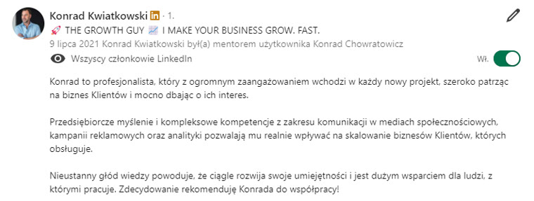 Rekomendacja LinkedIn - Konrad Kwiatkowski