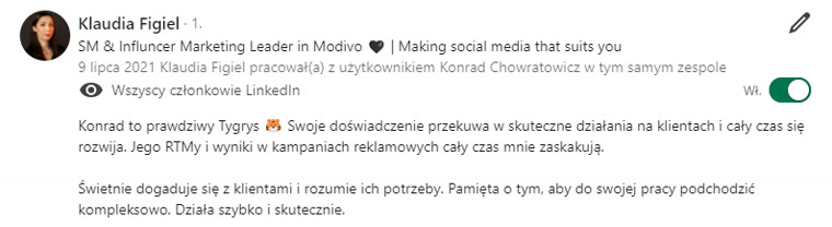 Rekomendacja LinkedIn - Klaudia Figiel, SM Leader @ Modivo