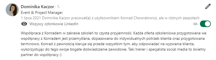 Rekomendacja LinkedIn - Dominika Kaczor, Event and Project Manager