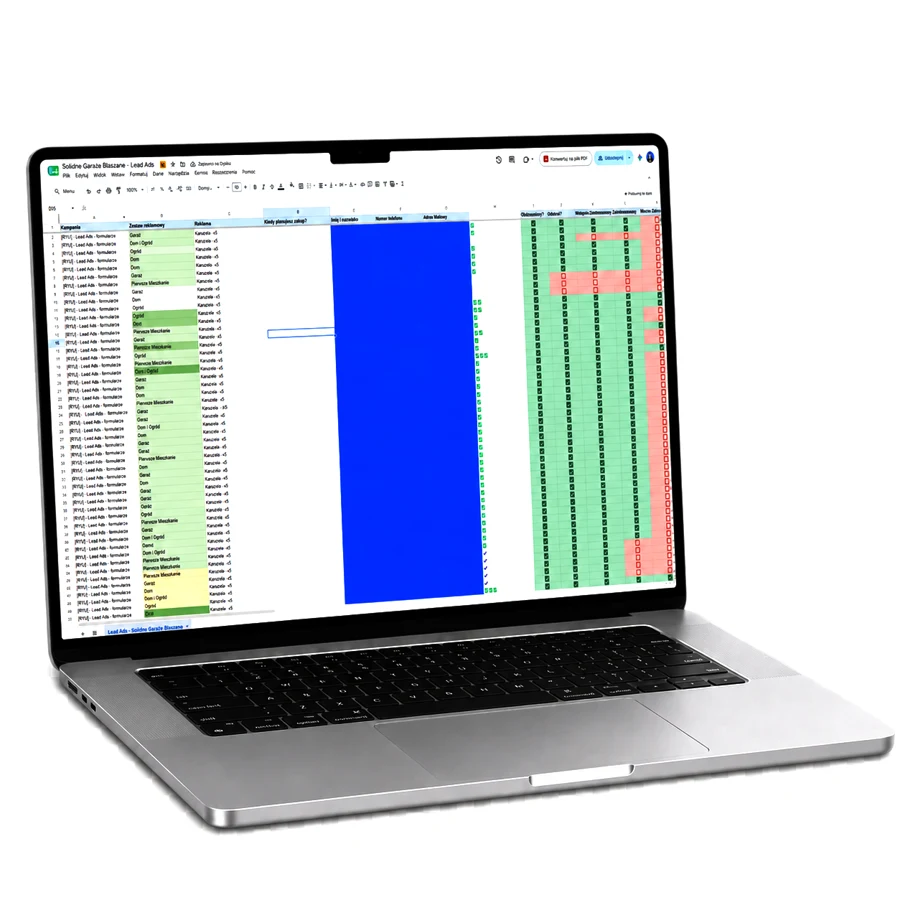 Arkusz CRM z leadami z kampanii Lead Ads, status kontaktu, zainteresowanie, grupa docelowa