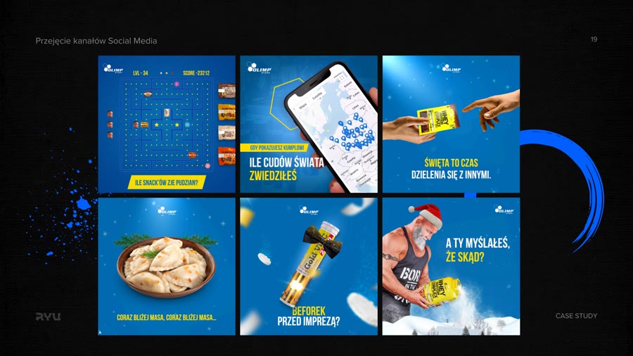 Kreacje social media Olimp Store, siatka postów